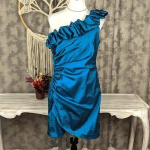 SL Fashions teal one shoulder ruffle evening dress